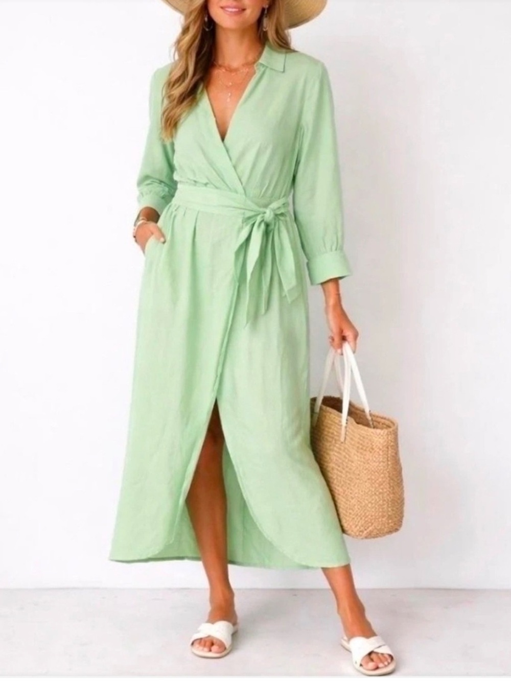Green Wrap Midi Dress with Tie Waist